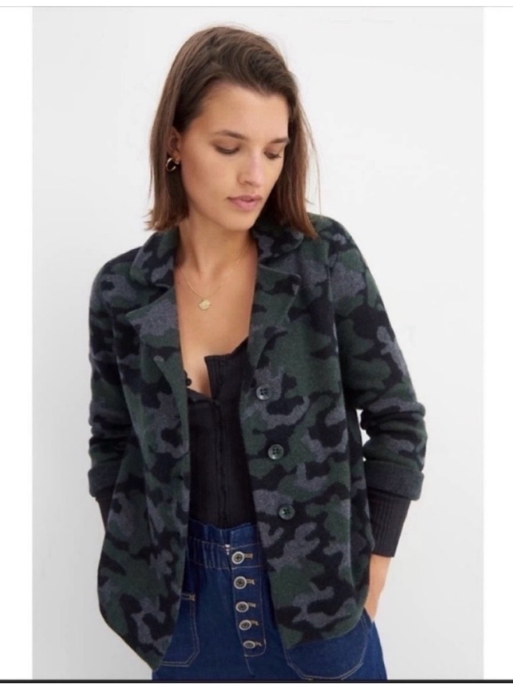 Anthropologie Field & Flower Y2K Camo Button Front Jacket Green & Black Sz Large